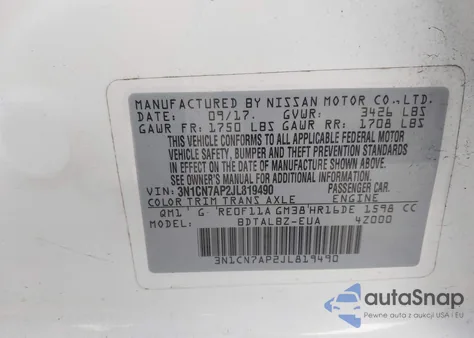 2018 Nissan Versa 1.6 Sv from USA, damaged, VIN 3N1CN7AP2JL819490